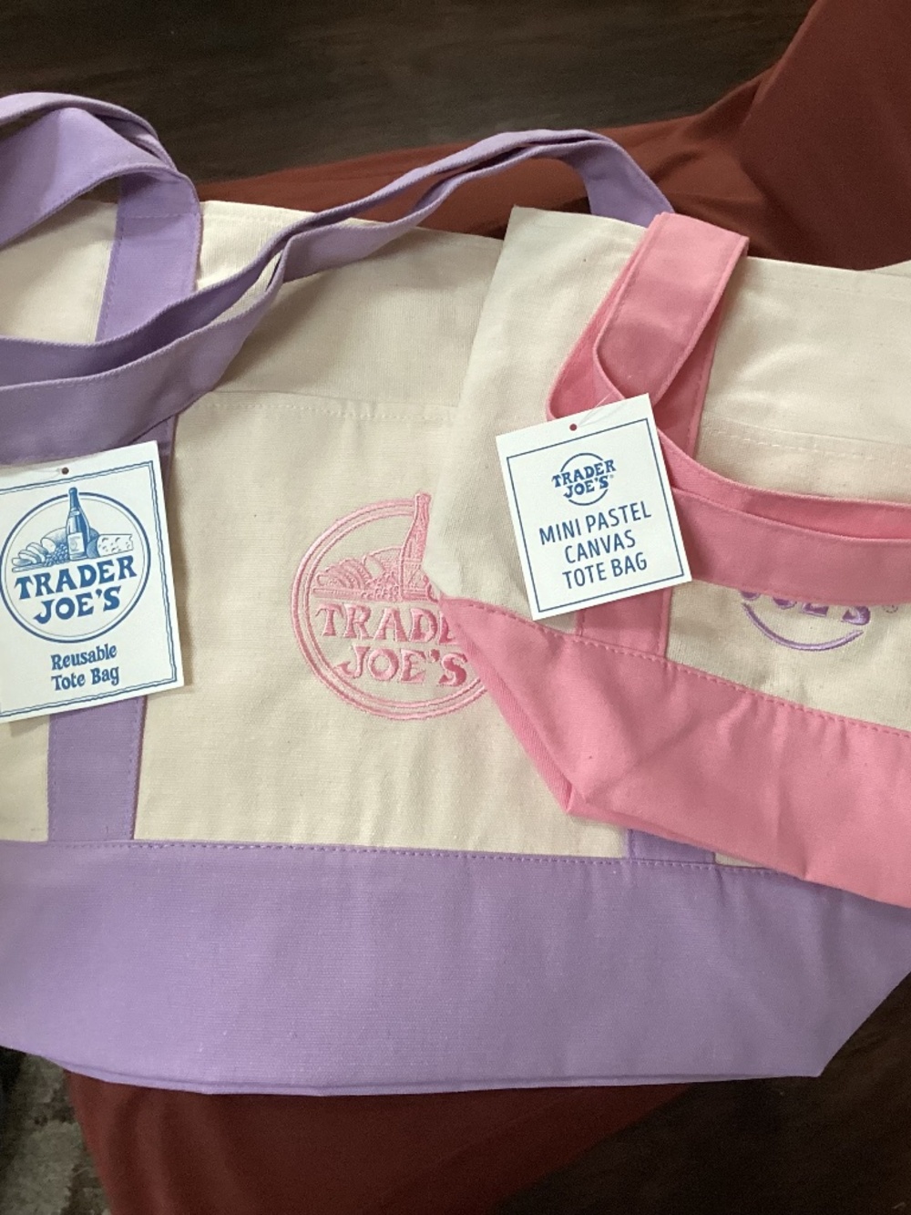 Trader Joe's Canvas Tote Bags Bundle NWT Mini Pink and Large Lavender